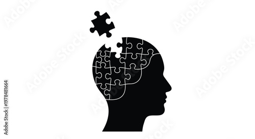 A black silhouette of a human head is depicted as a puzzle with one piece missing