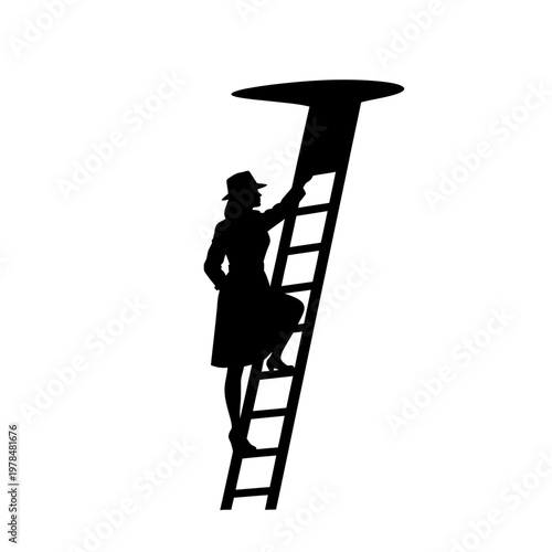 Silhouette of a Woman Climbing a Ladder to a Hole.