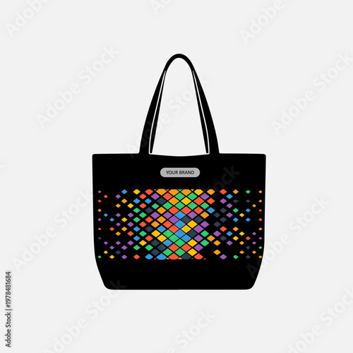 Black Tote Bag Mockup with Colorful Geometric Pattern Isolated on White Background