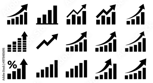 Business growth chart icons set, financial bar graph with upward arrow, 15 black vector symbols for profit analysis and success tracking