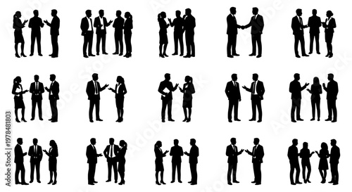Professional business people silhouettes set, corporate team meeting and networking group icons, office staff communication vector collection