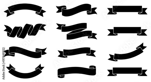 Vintage black ribbon banners set, 12 decorative scroll vector elements, classic heraldic ribbon silhouettes for labels and certificates