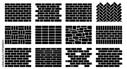 Brick wall pattern set, 12 masonry texture icons in black and white, architectural brickwork bond styles for construction and design
