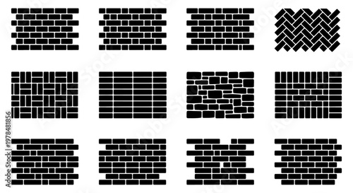 Brick wall pattern collection, 12 masonry bond vector icons, black and white architectural paving textures, construction tiling layout set