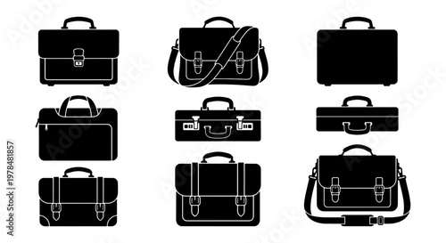 Professional briefcase icon set, black leather business bag silhouettes, collection of 9 office messenger bags and laptop cases for work