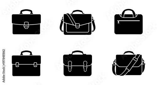 Professional briefcase icon set, black business bag vector silhouettes, 6 office messenger and laptop case symbols for corporate work