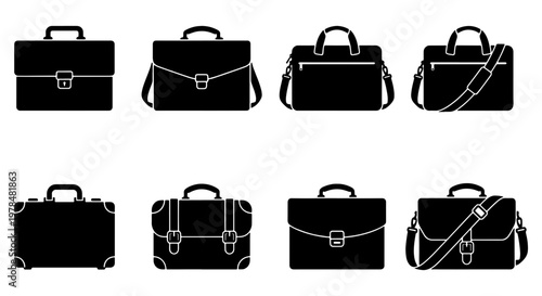 Professional briefcase icon set, black business bag silhouettes, collection of 8 office messenger and laptop case vectors for corporate work