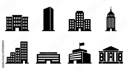 Modern building icons set, black skyscraper and office silhouettes, 8 architectural vector elements for urban city maps and business infographics