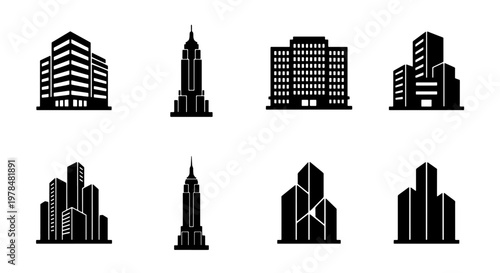 Modern skyscraper icon set, black building silhouettes for urban architecture, 8 minimalist city office vector elements for real estate web design