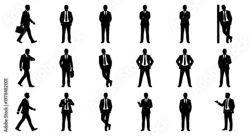 Professional businessman silhouettes set, 18 male office worker figures in suits, corporate executive poses for business presentations and architectural renders