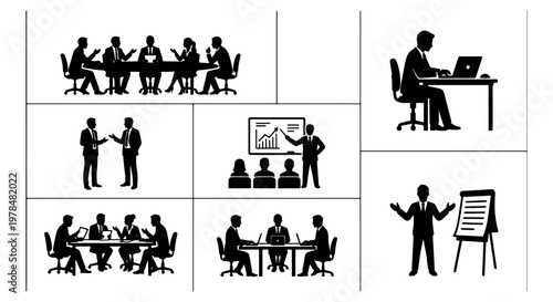 Business people silhouettes set, professional office meeting and presentation icons, corporate teamwork and management vector collection