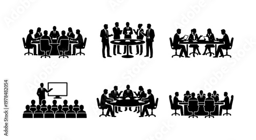 Business meeting silhouettes set, professional corporate team collaboration icons, office conference and seminar presentation vector graphics