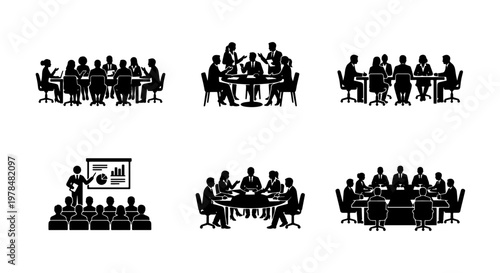 Business meeting silhouette icons, corporate team collaboration at conference table, professional office seminar and presentation vector set