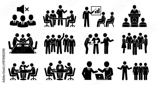 Business meeting stick figure icons, professional office teamwork and corporate presentation set, 12 black vector pictograms of people collaborating