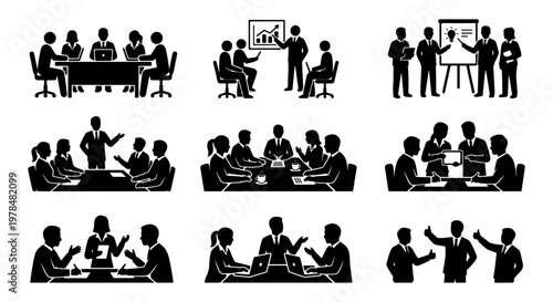Business meeting silhouettes, corporate office teamwork and presentation icons, professional group collaboration set of 9 vector illustrations