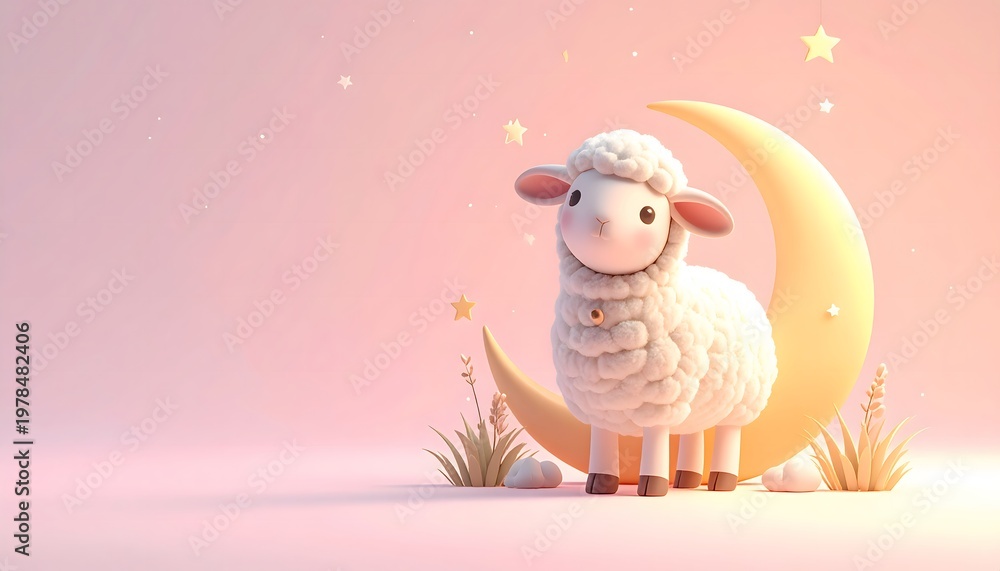 Obraz premium Cute Sheep Standing on Crescent Moon in Pink Dream Scene light pink background