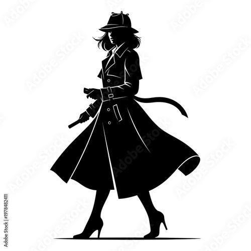 Silhouette of a Woman Detective in Trench Coat and Hat.