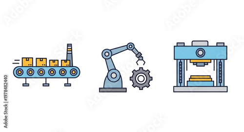 Industrial automation icons including conveyor belt robot arm and press.