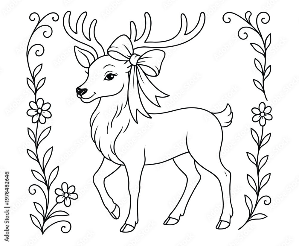 Fototapeta premium Elegant deer with large antlers and ribbon bow coloring page.