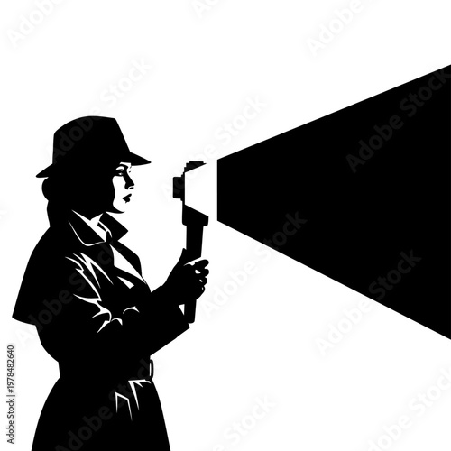 Silhouette of a Woman Detective Shining a Flashlight.