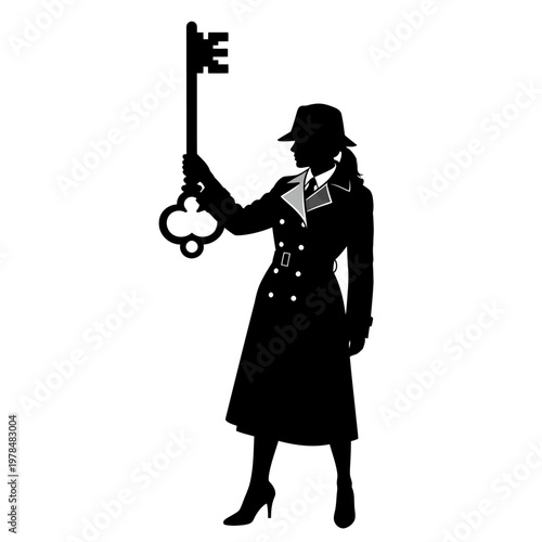 Silhouette of a Woman Holding a Large Ornate Key.
