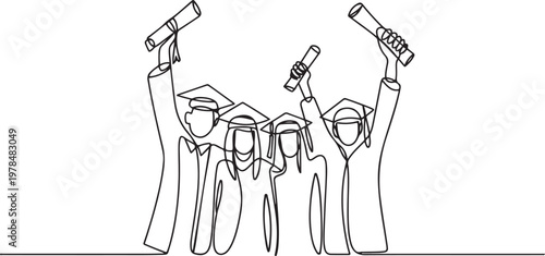 group of graduation people line art style vector illustration. one line Icon drawing