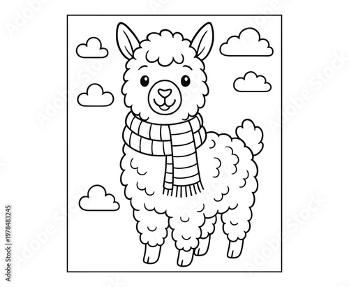 Fluffy llama with scarf and clouds, cute cartoon character for coloring book.