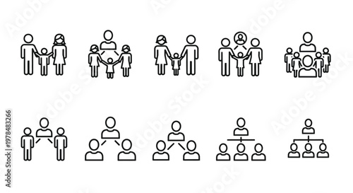 Line art icons depicting various family structures and group arrangements of people