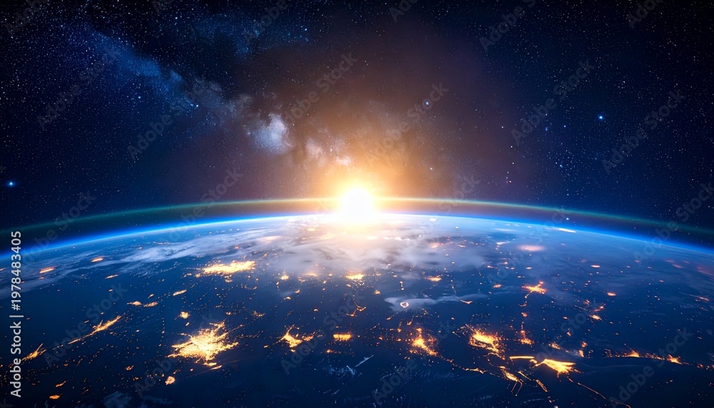 Obraz premium The sun rises over Earth from space with city lights shining brightly
