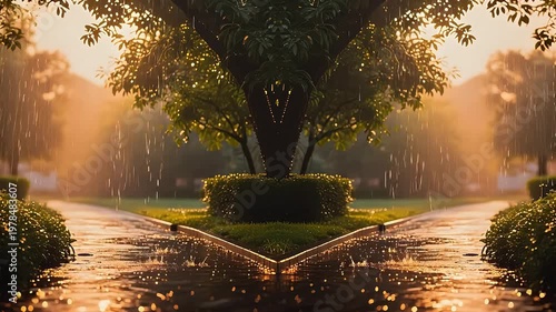 Rainy pathway with trees and greenery