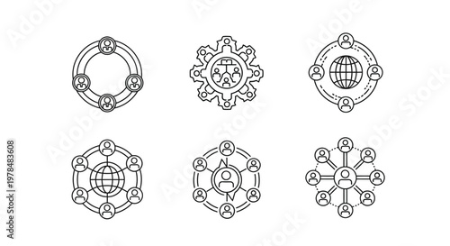 Line art icons depict networks of interconnected people and global communication concepts