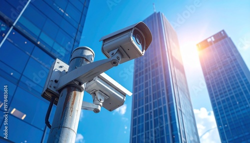 A security camera is mounted on a pole in front of two modern glass buildings on a sunny day.