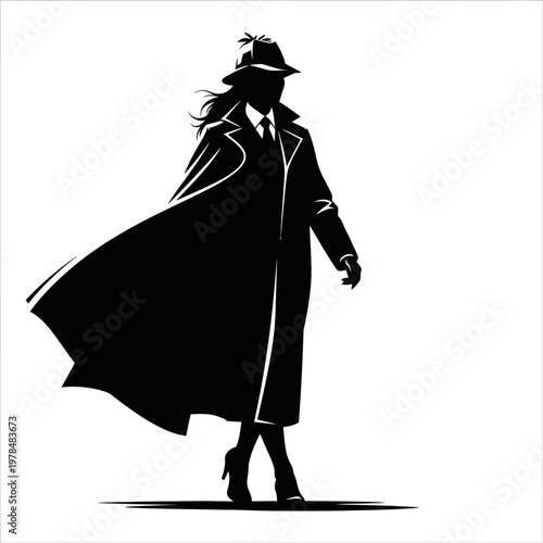 Silhouette of a woman in a trench coat and fedora.