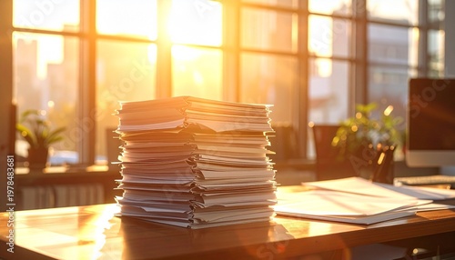 A stack of papers on a desk in an office with a computer and plants near a sunny window.