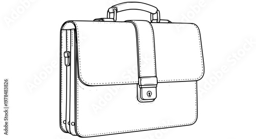 Leather business briefcase vector illustration, isolated, dark brown bag, shiny metal lock, corporate accessory, office and work concept