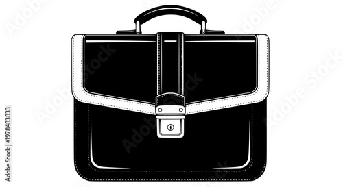 Leather business briefcase vector illustration, isolated, dark brown bag, shiny metal lock, corporate accessory, office and work concept