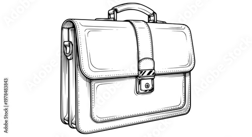 Leather business briefcase vector illustration, isolated, dark brown bag, shiny metal lock, corporate accessory, office and work concept