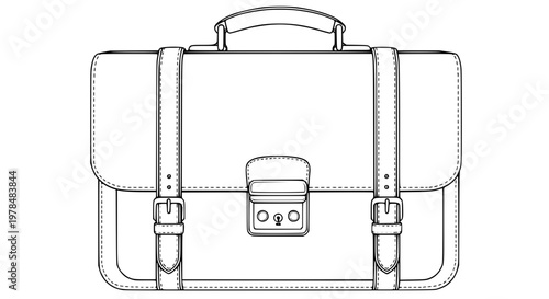 Leather business briefcase vector illustration, isolated, dark brown bag, shiny metal lock, corporate accessory, office and work concept