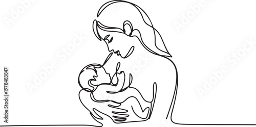 mother and child, line art drawing of woman is breastfeeding a child drawn picture silhouette. one line Icon drawing