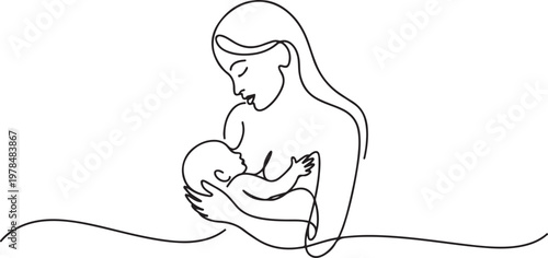 mother and child, line art drawing of woman is breastfeeding a child drawn picture silhouette. one line Icon drawing
