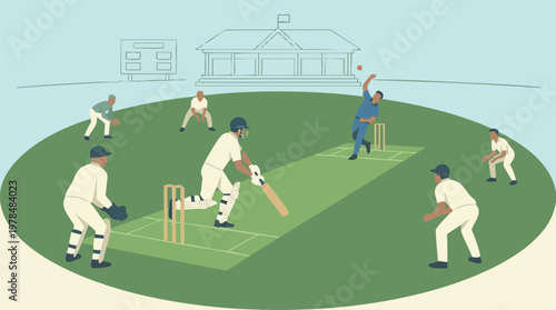 Fotografie Cricket Match Illustration with Players, Bowler, Batsman, and Fielders