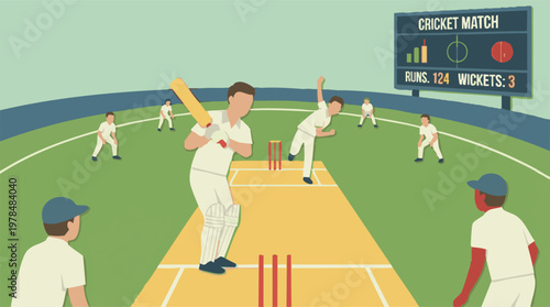 Foto Minimalist cricket match illustration with players, pitch, and scoreboard