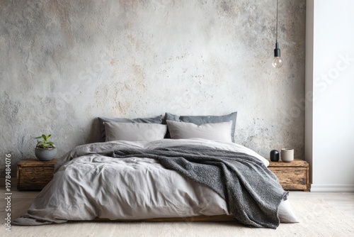 Cozy bedroom with textured wall and natural elements.