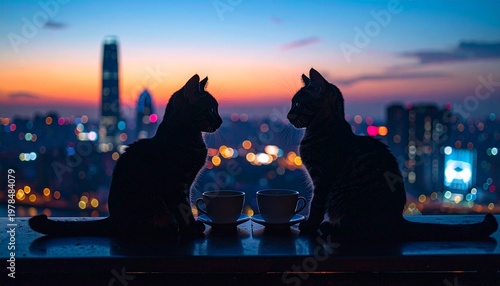 Two cats sit on a balcony overlooking a cityscape at sunset with coffee cups