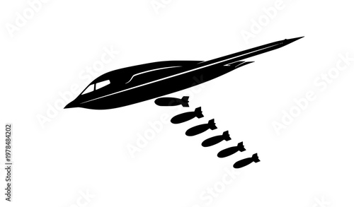 Stylized stealth bomber dropping bombs vector silhouette dynamic military aircraft illustration
