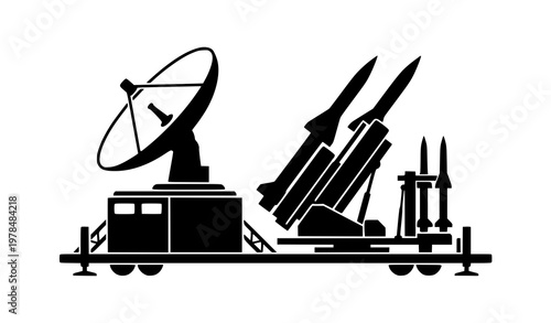 Stylized air defense radar and missile launcher silhouette vector military system illustration