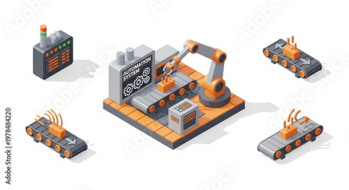 Automated factory production line with robotic arm and transport vehicles.