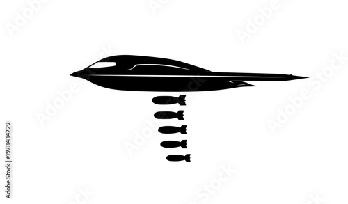Stealth bomber silhouette dropping bombs side view vector military aircraft illustration
