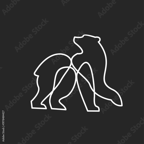 Abstract Continuous Line Art Logo of Two Intertwined Bears, Minimalist Animal Design