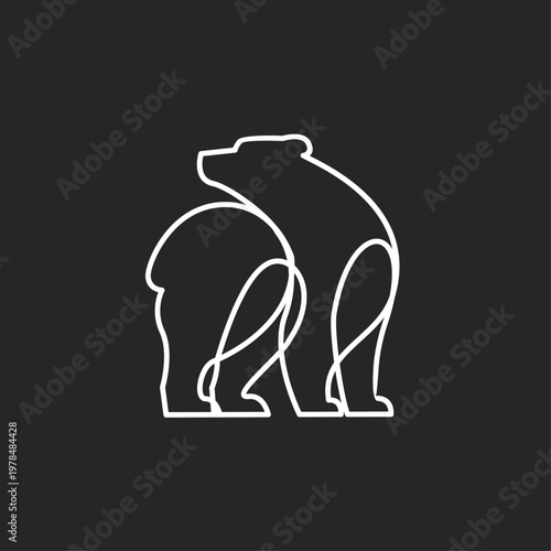 Minimalist White Line Art Illustration of a Sitting Bear on a Dark Background